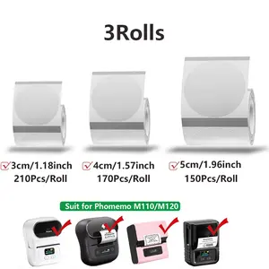 Transparent Round Labels 3 Rolls, 30x30mm 40x40mm 50x50mm Thermal Sticker Paper, Compatible with M110/m200/m220/m221/m120 Printers