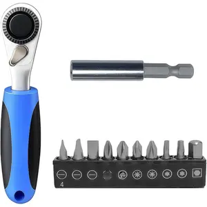 Mini Ratchet Wrench with Multiple Heads for Bike Repair, Portable Hex Tool with Plastic Handle and 1/4 Inch Base, Includes 60mm Extension Bar, Socket Ratchet Wrench, Wrench Set