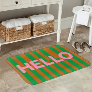 Brown and Green Striped Hello Welcome Door Mat | Simple All-Season Non-Slip Flannel Entrance Mat, Machine Washable, Suitable for Kitchen, Dining Room, Hallway, Bathroom, Bedroom, Party, Gift, Autumn and Summer Decor
