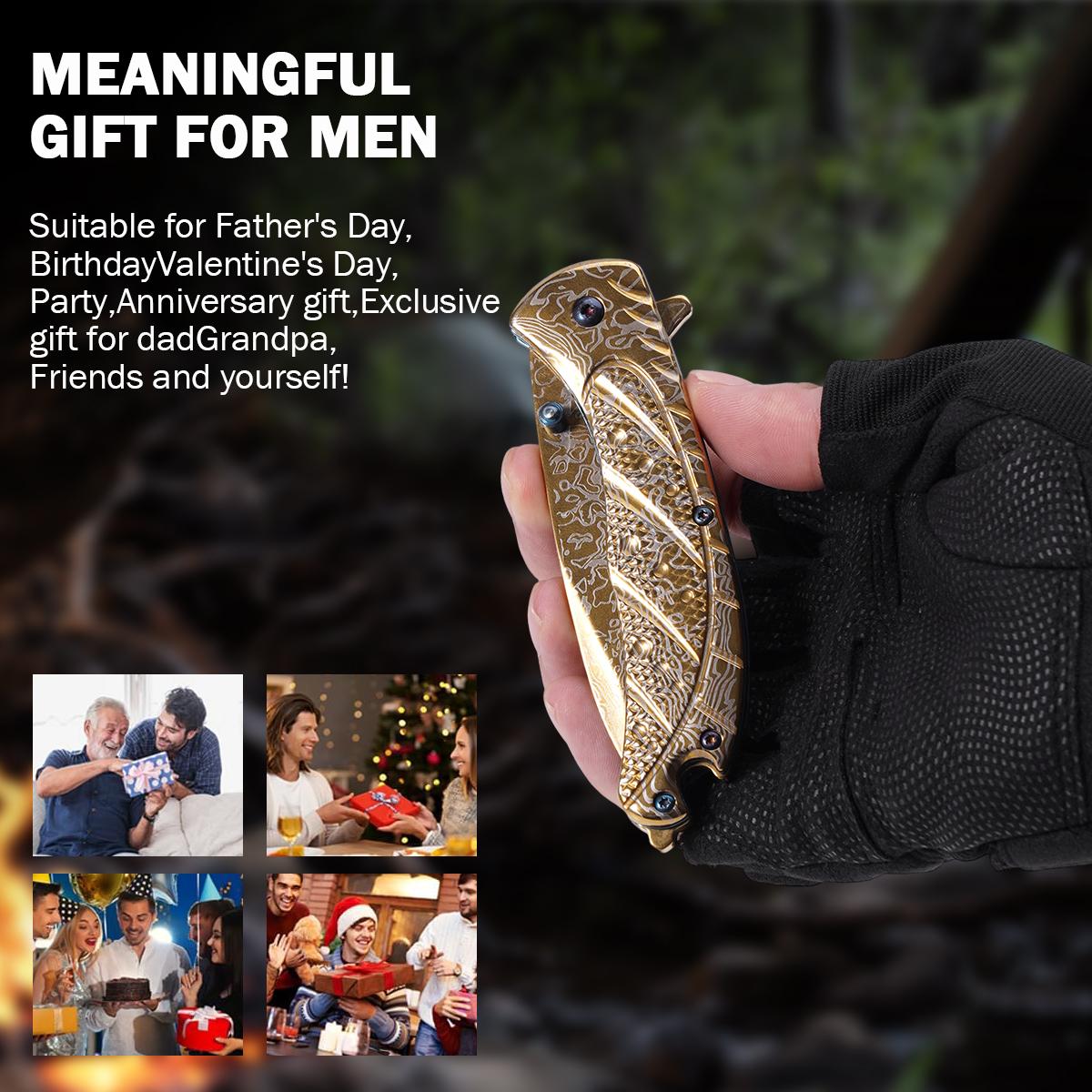 Outdoor Damascus Pattern Folding Pocket Knife,Damascus Pattern Folding Pocket Knife, EDC Outdoor Tool for Camping Hiking