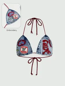 Women's Y2K Vintage Slogan Logo Embroidered Tie-Up Adjustable Cropped Sexy Denim Top, Summer Hot Girl Style, Cool and Refreshing, Perfect for Warm Weather Fashion, Embroidery