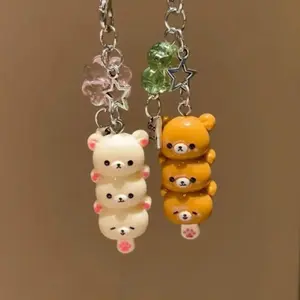 Kawaii Stacked 3‑Layer Rilakkuma Bear Keychain, Y2K Aesthetic Crystal Star Flower Good Luck Charm, Cute Cartoon Bear Bag Charm Keyring for Women Girls Purse Backpack Decor