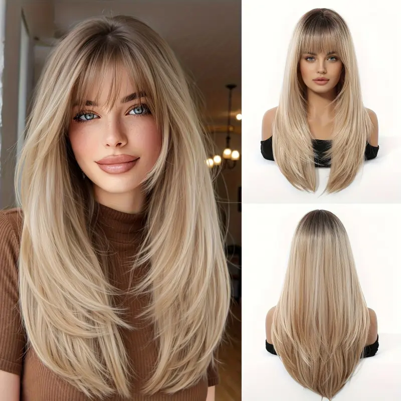 Straight Light Brown Wig for Female, 22-Inch High-Layered Fluffy Synthetic Hair with Air Bangs & Rose Net Cap for Daily & Halloween