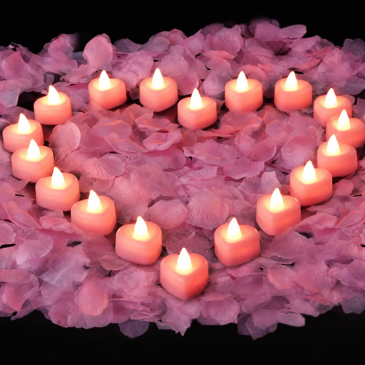Pink Festive Decor Set - 2000 Artificial Rose Petals, 24 Pink Heart LED Electronic Candle Flower Lamps, Battery-Operated, for Romance Dates, Girlfriend Gifts, Home & Party Supplies