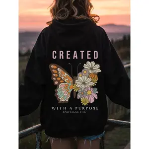 Women's Butterfly & Floral Print with Bible Quote Graphic Hoodie - Cotton Blend Black Long Sleeve Pullover Regular Fit | Soft & Breathable Fabric, Durable Print, Everyday Comfort, Machine Washable, casual inspirational sunset outdoor