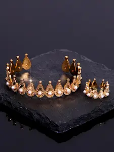 Exquisite Cute 18k Gold-Plated Copper Synthetic Pearl Crown-Shaped Open Bracelet Ring Set, Trendy Jewelry Bangle Ring Set, Ideal Festival Gift