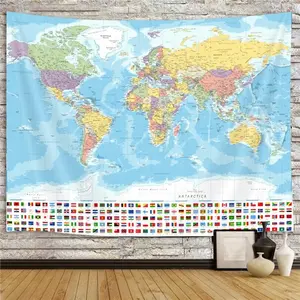 Educational World Map Wall Tapestry, lightweight polyester geography wall hanging for bedroom, dorm, classroom, office, and living room; vintage-style world map fabric poster; washable decorative wall art for study room and home decor