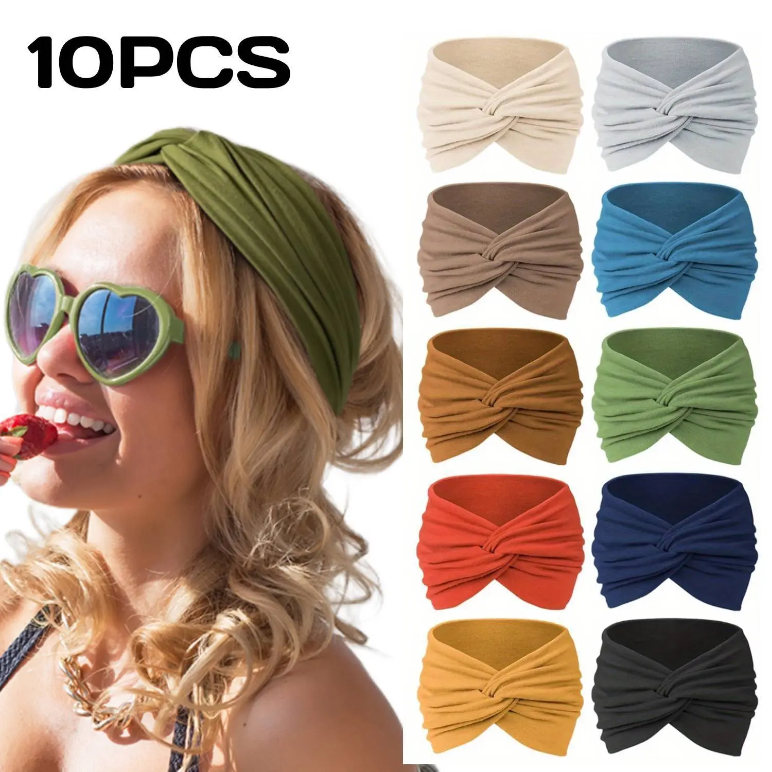 Women's 10-Pack Wide Soft Boho Twist Headbands - Anti-Sweat Elastic Knotted Non-Slip Hair Wraps, Accessory Kit Bandana Hat Headbands for Yoga, Christmas Party Gifts, Fashion Hair Accessories
