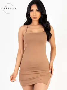 Lorella Sexy Solid Color Crisscross Open Back Cami Mini Bodycon Dress Casual Comfort Cap Sleeve casual regular sexy pepper mayo
