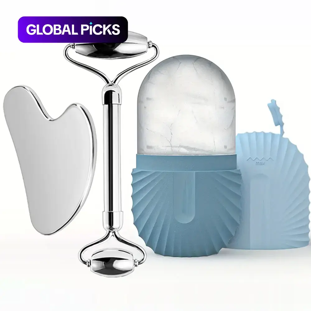 Facial Skincare Ice Roller Set, Heart-Shaped Facial Scraper, Ice Cube Mold, and Double-Ended Massage Roller #GLOBAL PICKS
