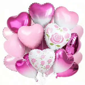 PartyWoo Valentine's Heart Balloons Pink and White Heart Foil 15pcs 18 Inch White Gradiant Rose Print Hot Pink Heart Shaped Balloons for Valentine's Day Wedding Engagement Proposal Party Decorations