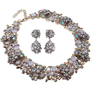 Rhinestone Statement Choker Bib Statement Necklace Earring Fashion Costume  Set for Women