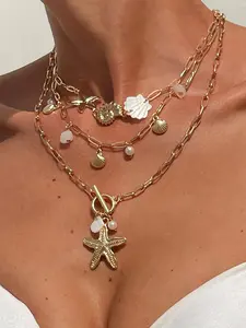 Boho Shell Starfish Conch Necklace Set for Women, Fashion Rhinestone Chain Jewelry, Perfect for Parties Vacations Gifts
