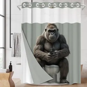 1PC/4PCS 2D Flat Printing Gray gorilla sitting on toilet Patterned shower curtain, home bathroom decor, shower curtain set with 12 hooks, non-slip bathroom rug, U-shaped toilet seat cover, toilet seat mat.