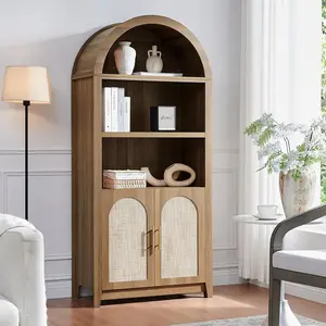 Arched Cabinet Bookshelf Bookcase - 69.3" Tall Mid Century Arched Display Cabinet, Rounded Bookshelf with Rattan Doors, Open Shelf Storage for Dining Room