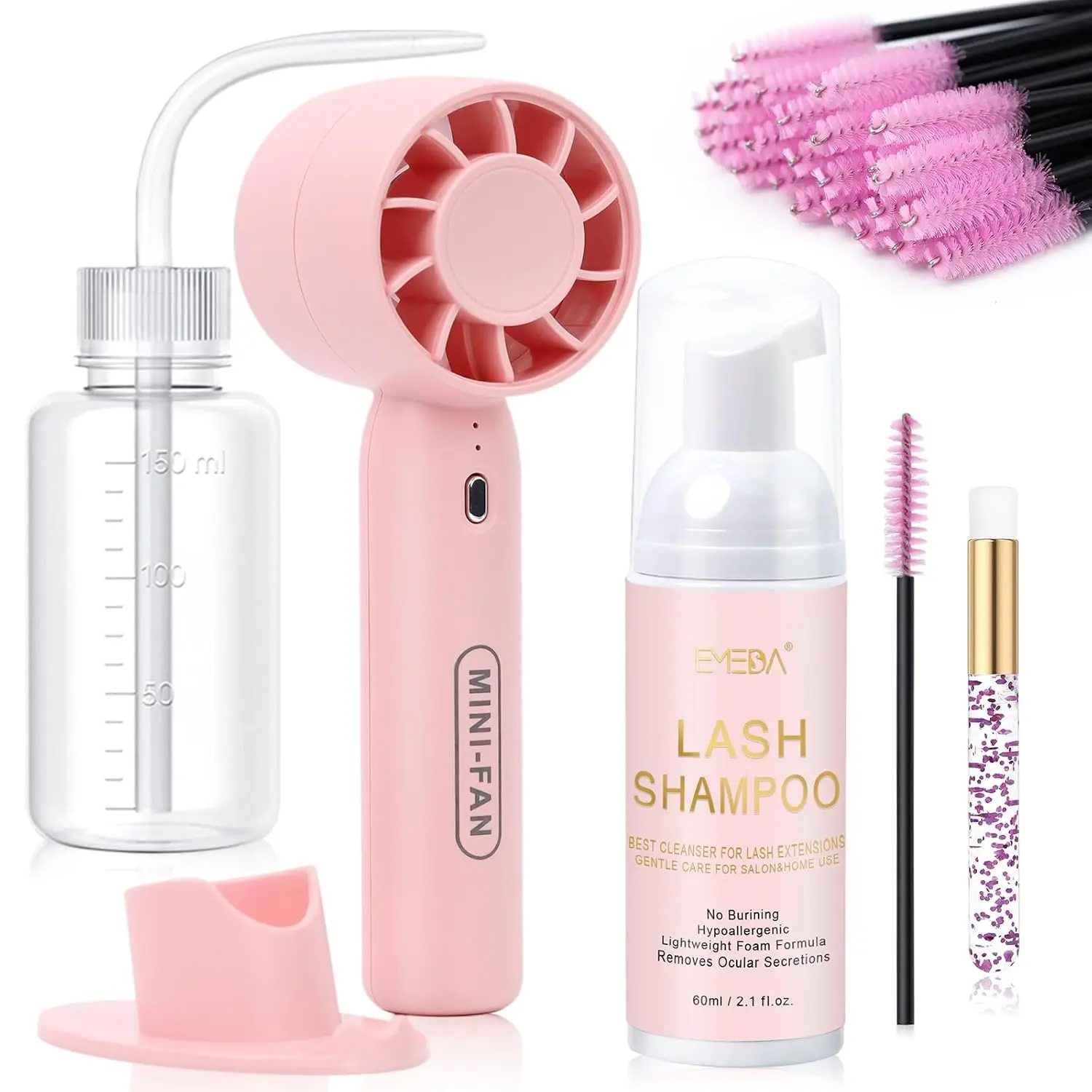 Lash Shampoo Kit 2.02 Fl.oz Lash Cleaning Kit with Fan (Pink) | Dryer/Brush/Rinse Bottle, Oil-free Cleanser Wash for Extensions & Clusters & Natural Eyelashes, Cleaner for Eyelash Care