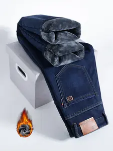 Men's Fleece Lined Denim Jeans, Loose Straight Leg Long Pants, Cotton Elastic Warm Winter Wear, Casual Fashion for Fall & Winter