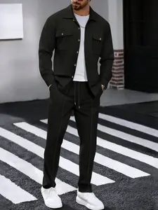 Autumn New Waffle Long Sleeved Pants Two-Piece Set Solid Color Double Pocket Button Up Cardigan Shirt Set for Men