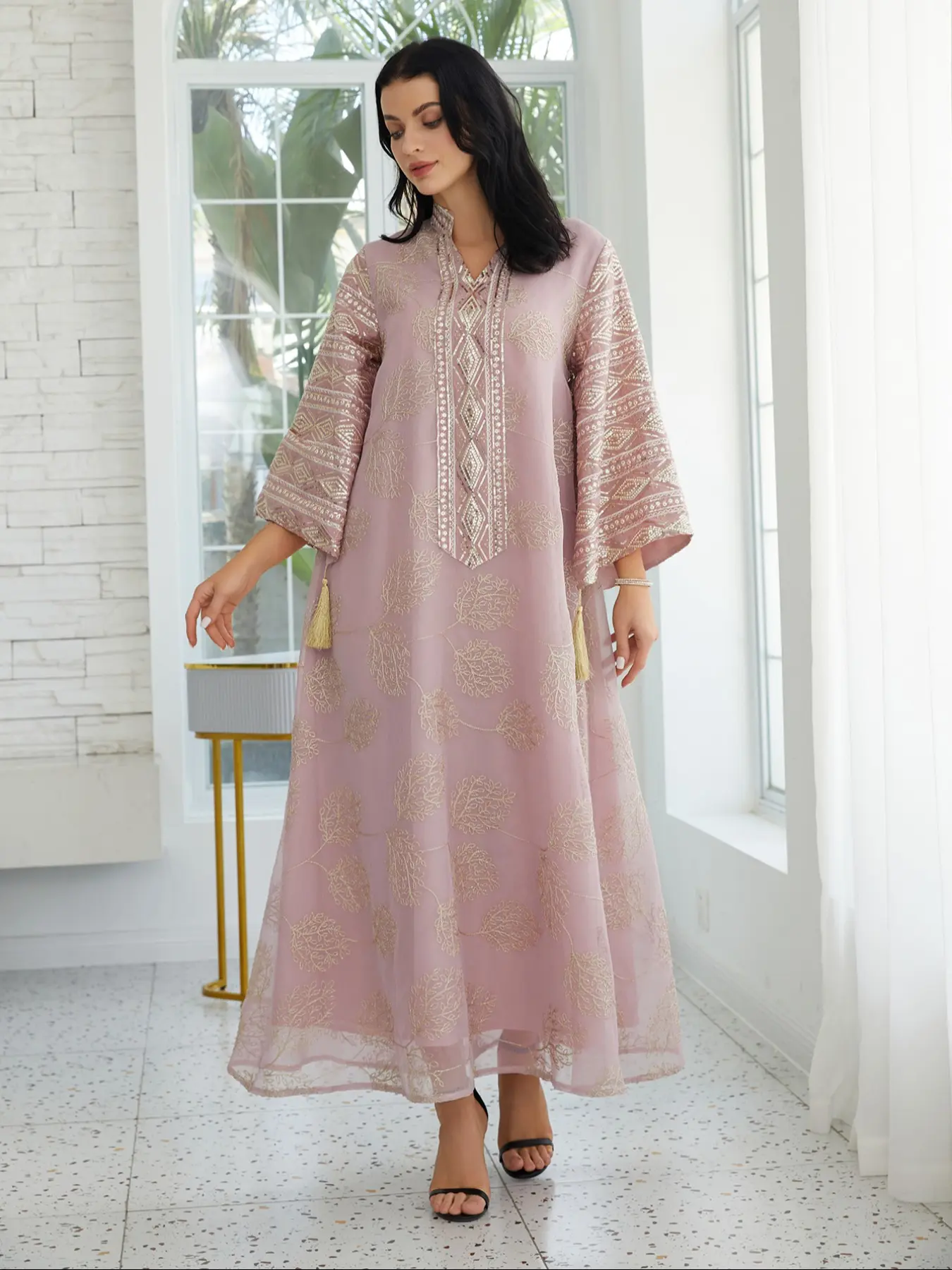 Women's Embroidery Long Sleeve Woven Embellished Dress Robe, Chic Elegant Fringe Trim Arabic Clothing for Party Evening Formal Wear Occasions, Ladies Clothes Garment Elegant Fashion Dress for All Seasons, Dresses for Party