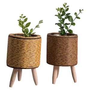 Rattan Plant Holder Geometric Tabletop Flower Stand Triangle Planter Basket for Succulents Small Potted Plants Desktop Display Organizer Home Decor Indoor Gardening Decoration