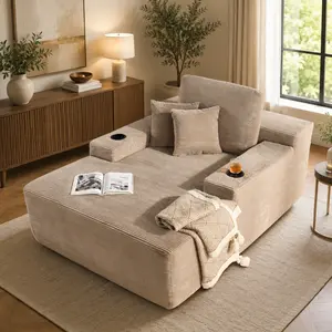 CAODOC Oversized Boneless Chaise Lounge Sofa Bed, Upholstered Corduroy Sleeper Chair with Cup Holder and Throw Pillows, Deep Seat Floor Couch for Adults, No Assembly Lounge Chair for Living Room, Bedroom