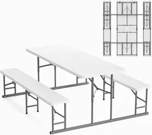 summervibes Karlhome Folding Picnic Table and Bench Set, Portable Outdoor Dining Furniture for Camping, Patio, Backyard, Wood Grain Plastic Top with Metal Frame