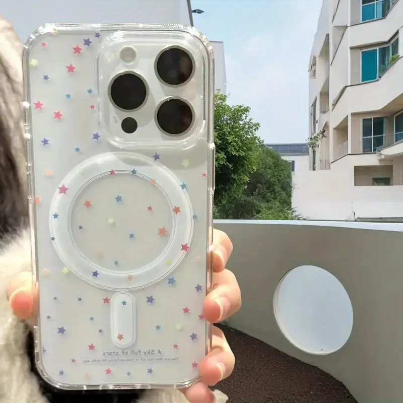 Magnetic Silicone Smartphone Cover for iPhone 17 Pro Max,16,16e,15,14 Plus,13,12,11,X,XS - Colorful Star-Patterned Transparent Acrylic Case, Shockproof, Scratch-Resistant, Skin-Friendly Protection Accessory, Ideal Gift, Handheld, Cellphone