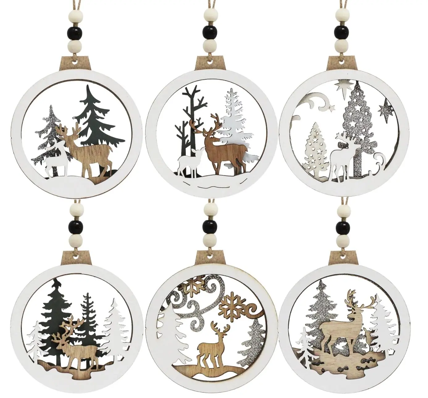 6 Pcs Christmas Wooden Ornaments, Christmas Farmhouse Rustic Reindeer, Hanging Wood Ornaments for Winter Holiday Indoor Decor, Xmas Tree Decorations