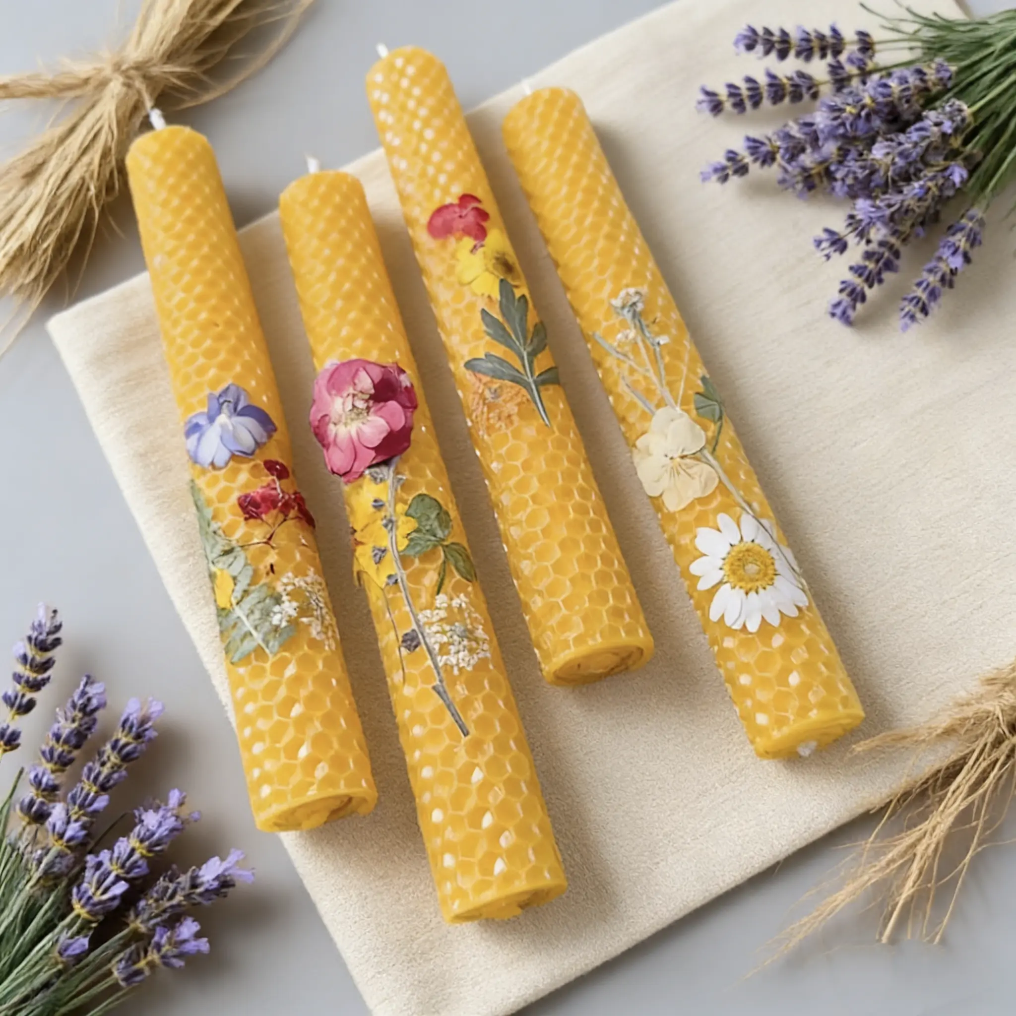 4-pack embossed beeswax sticks, 2x20cm honeycomb pattern, natural honey scent, long-lasting burn, exquisite beeswax candle craft, 10-inch long decorative candles, suitable for home decoration, weddings and gifting, festive celebrations decor