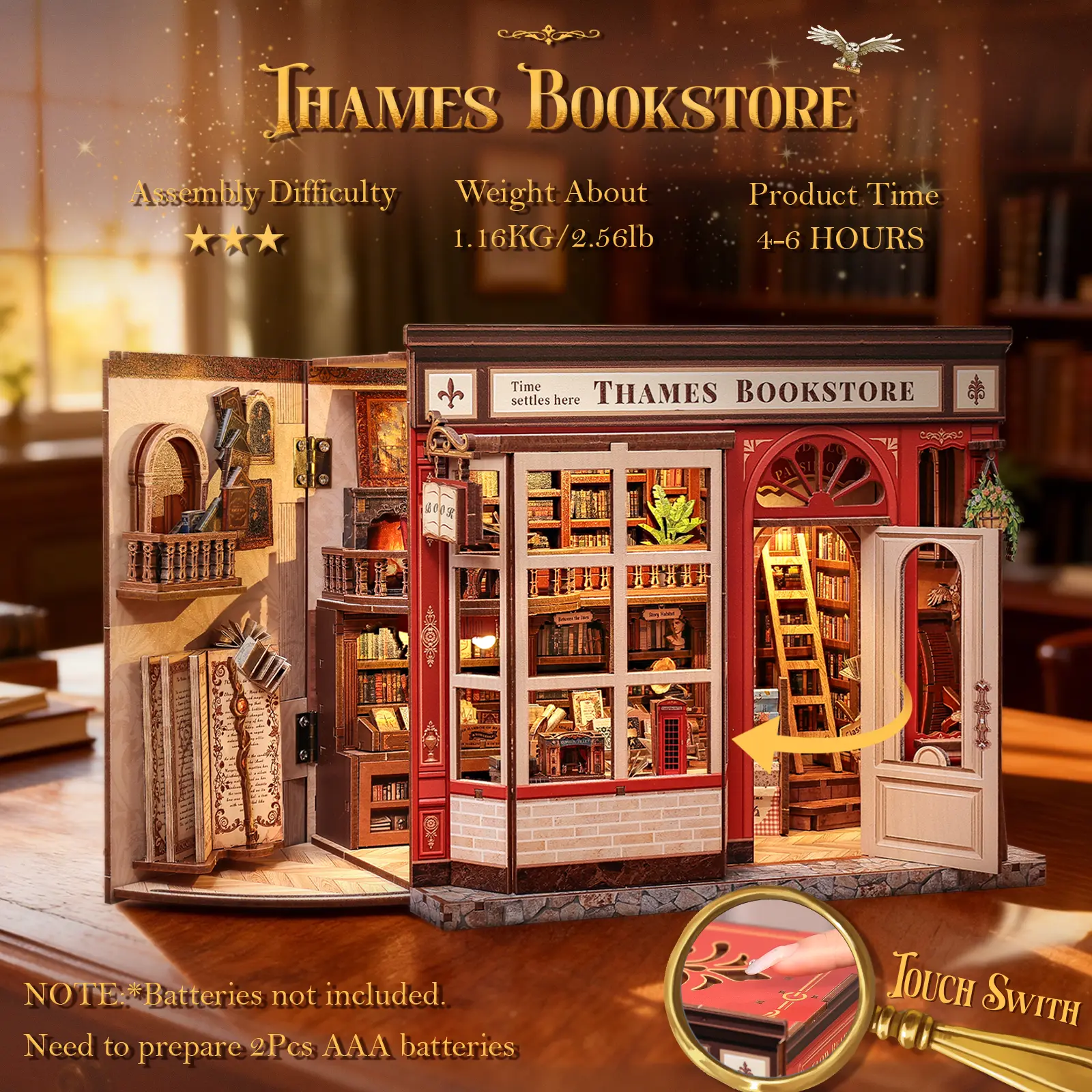 CUTEBEE British Thames Bookstore 3D Wooden Book Nook Kit - DIY Flower Puzzle Buildings Miniature Dollhouse Puzzle for 12+ Years, Red Brick Cozy Library Decor, Birthday Gifts for Adults