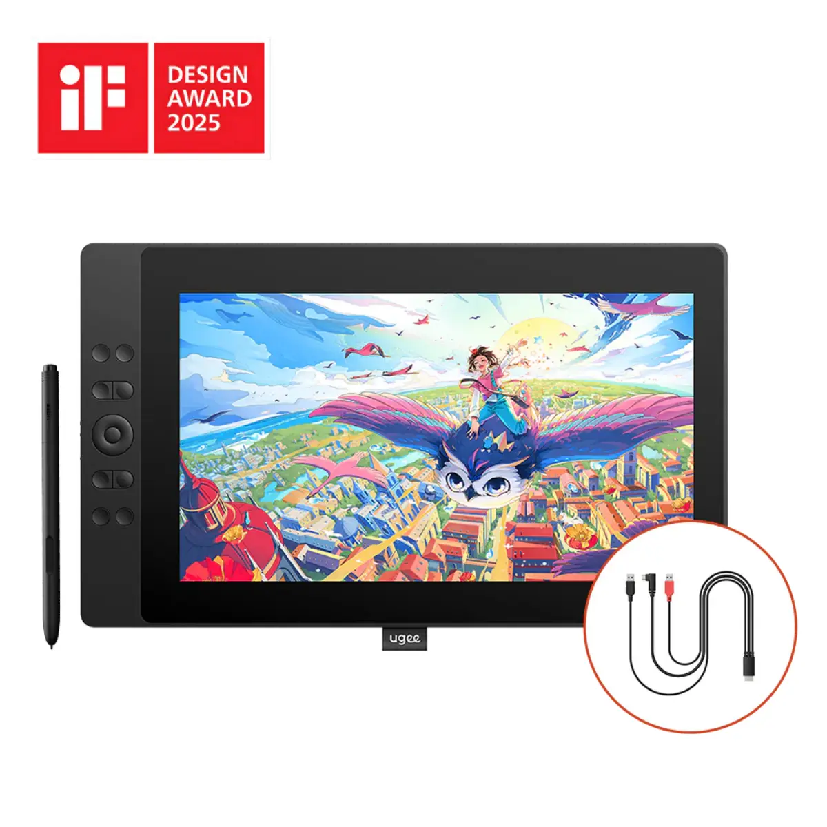 UGEE UE16 Drawing Display Tablet with Adjustable Stand, 15.4" Full-Laminated 143% sRGB Screen, 16K Pressure Battery-Free Stylus, 8+1 Shortcut Keys, Windows/Mac/Android/Chrome OS Compatible, Digital Art Tablet for Creators
