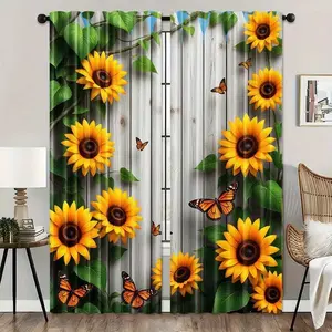 Butterfly & Sunflower Pattern Curtains Set of 2, Polyester Fiber Rod Pocket Design, Light-Transmitting for Bedroom Living Room Office Window Curtain