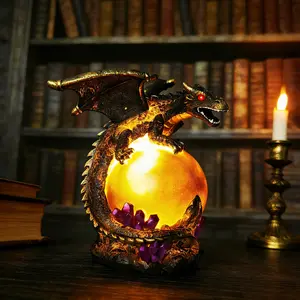 Medieval Dark Western Dragon Guardian Glowing Magic Ball Ornament Retro Fantasy Crystal Decor Night Light Decorative Atmosphere Lamp Tabletop Atmosphere Prop for Gothic Room