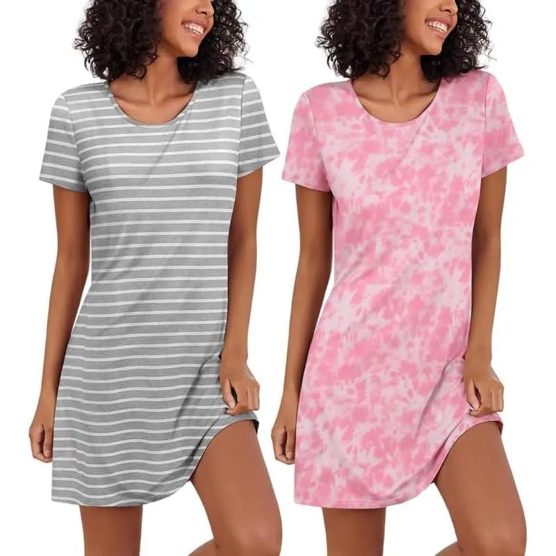 2 Pack Nightgowns for Women Sleapwear Short Sleeve Night Shirts Soft Sleep Dress Classic NightDress S-XXL Loungewear Nightwear Womenswear Comic Homewear Casual Fitted Shortsleeve night gown women Print Stripe Vneck