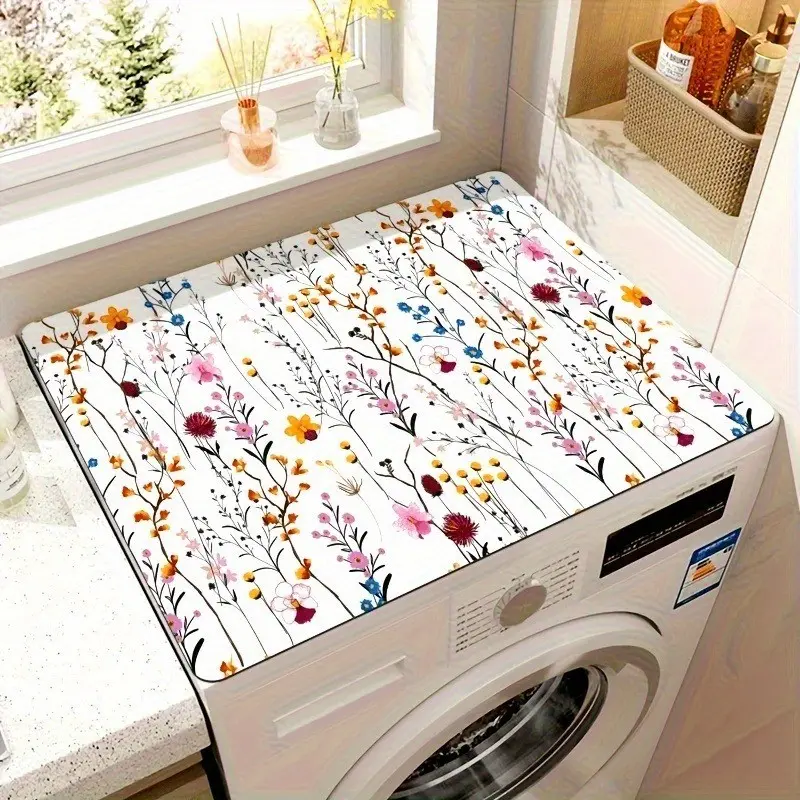 1 Pc Vintage Floral Washing Machine Top Mat – Colorful flower design with quick-dry anti-slip surface. Durable decorative cover for washer or dryer, protects from dust and stains while adding stylish home décor, Household Items, Home Care Supplies
