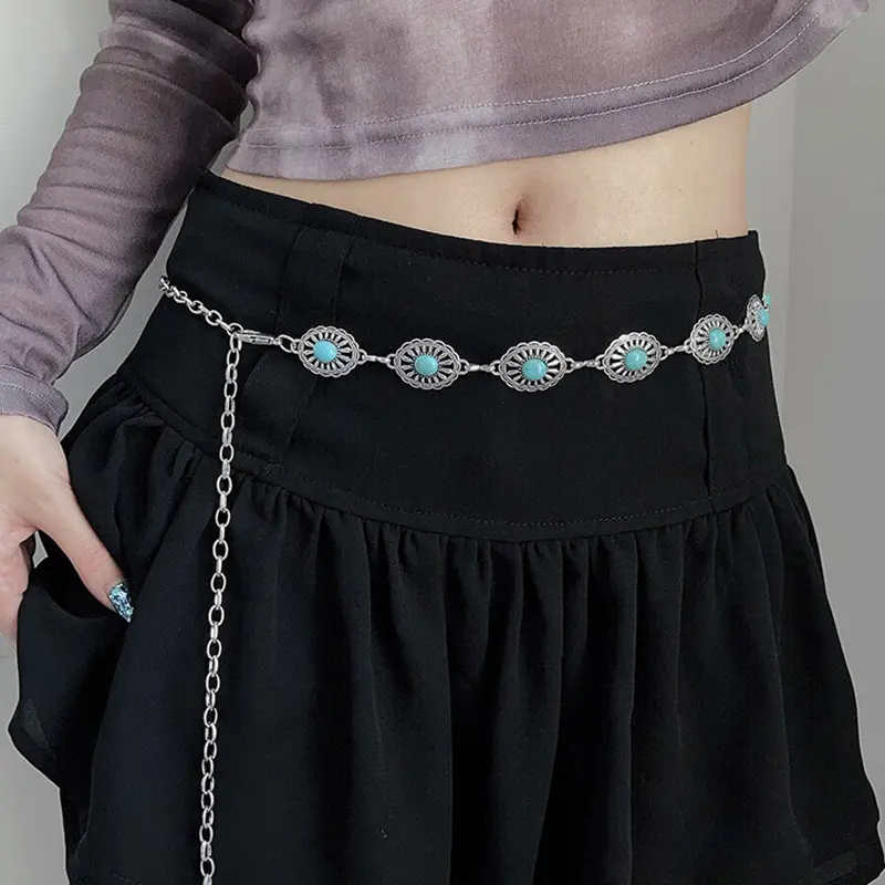 Women Turquoise Concho Chain Waist Belt Silver Western Cowgirl Metal Chain Belt for Dress Adjustable