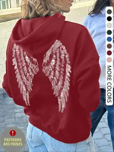 Women's Casual Loose-Fit Long Sleeve Hoodie, Wing Print Design, Thick Fabric, All-Season Wear, Perfect for Home & Daily