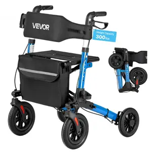 VEVOR Rollator Walker with Seat for Seniors, Ultra Compact 3-Fold Rolling Walker, Lightweight Aluminum Mobility Walking Aid with PU Solid Wheels, Adjustable Handle, Cup Cane Holder - Supports 300LBS