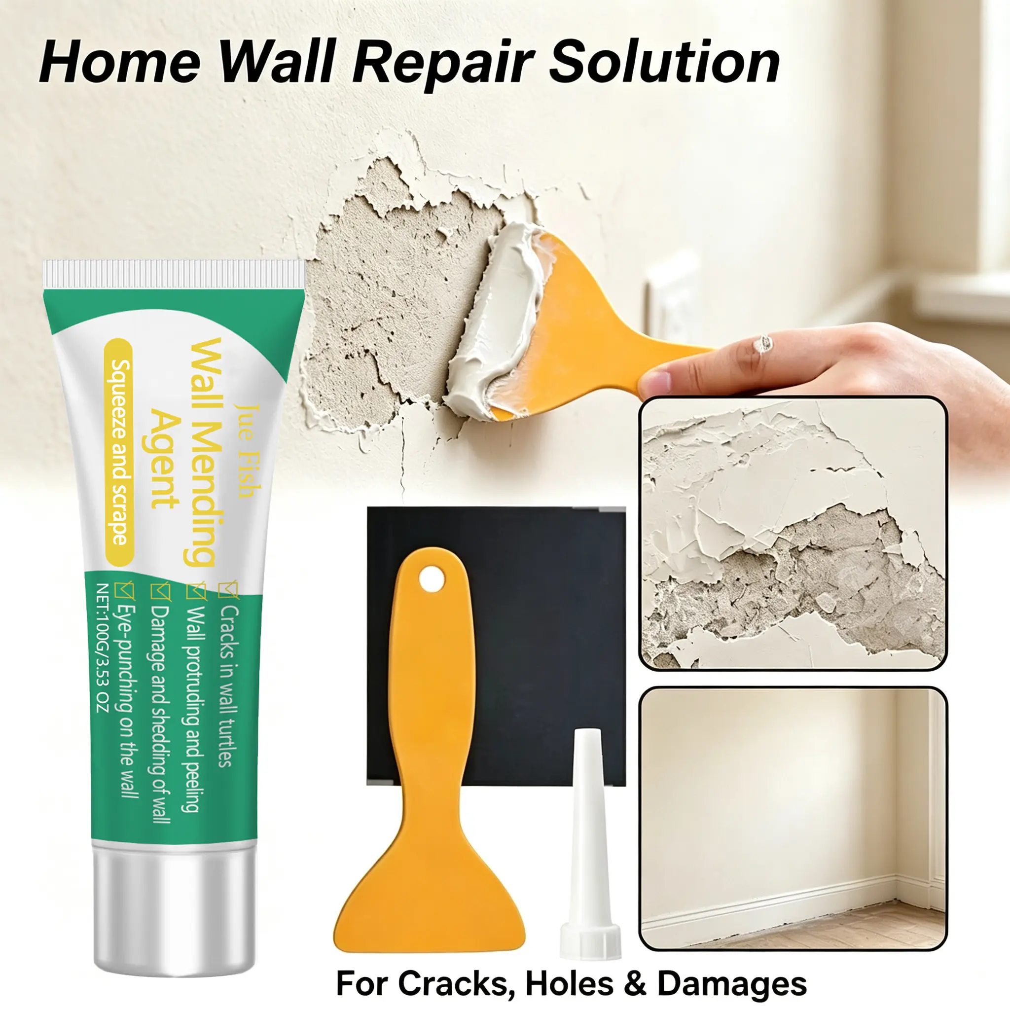 100g Wall Repair Paste, Household Drywall Mending Cream with Nozzle Tip, Convenient Filler for Nail Holes, Wall Cracks & Peeling Surfaces, Waterproof & Mildew Resistant Wall Renovation Compound
