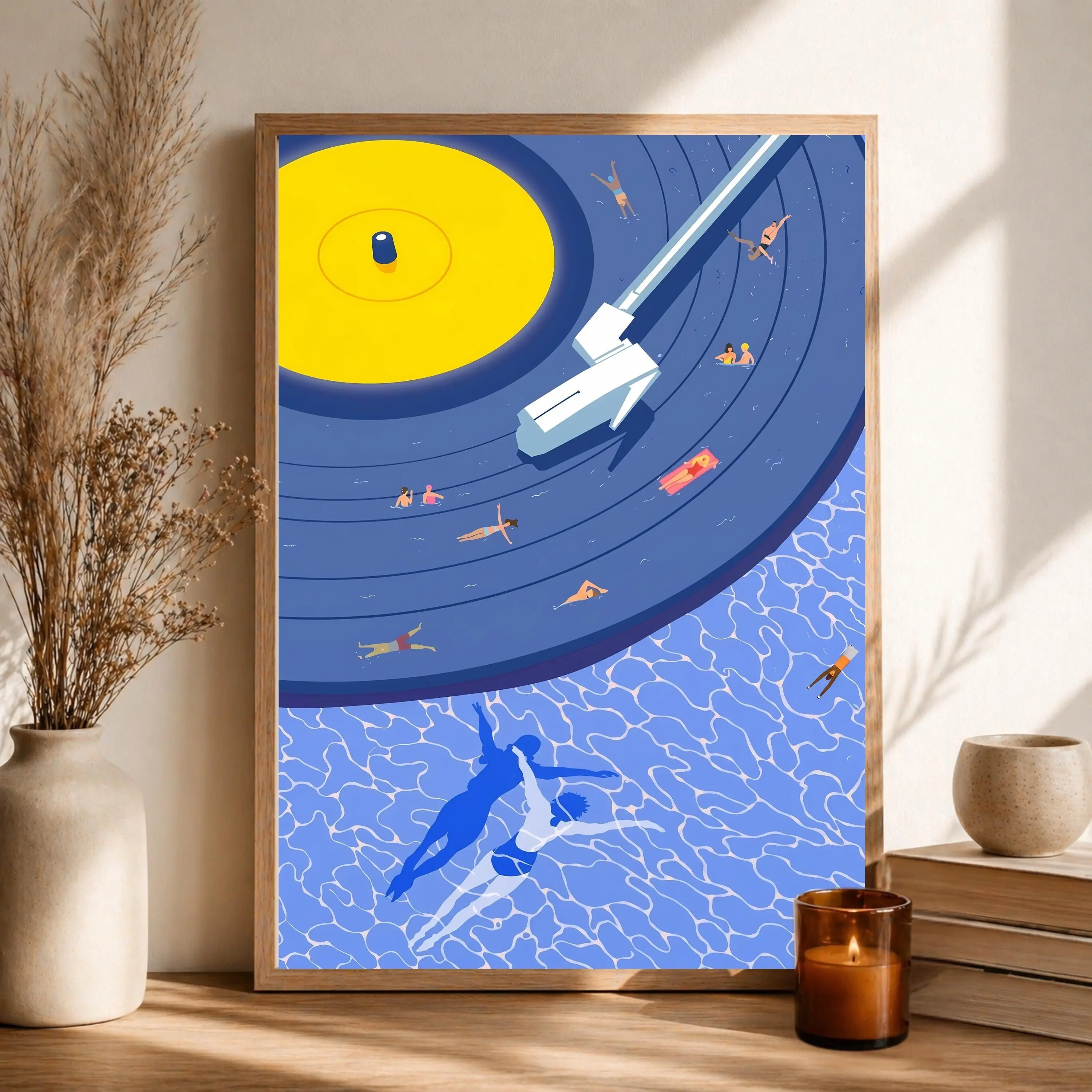 [SALE UP TO 40%] [Unframed] Summer Vinyl Poster, Minimalist Music Wall Art, Retro Pool Print, Surreal Record Player Poster