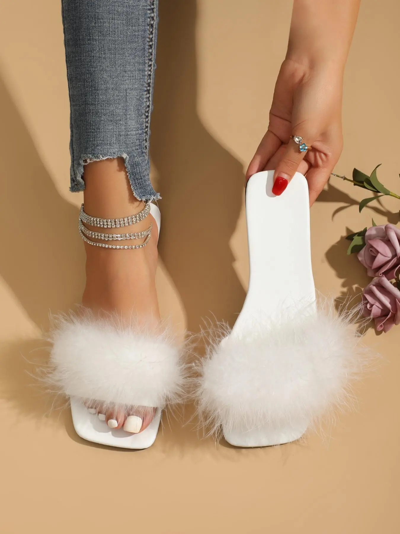 Cute Pom Pom Decor Slip on Square Toe Flats Sandals, Fluffy Decor Sandals, Fashionable Fuzzy Trim Design Sandals for Daily Wear, Casual Trendy Designer Shoes for Outdoor