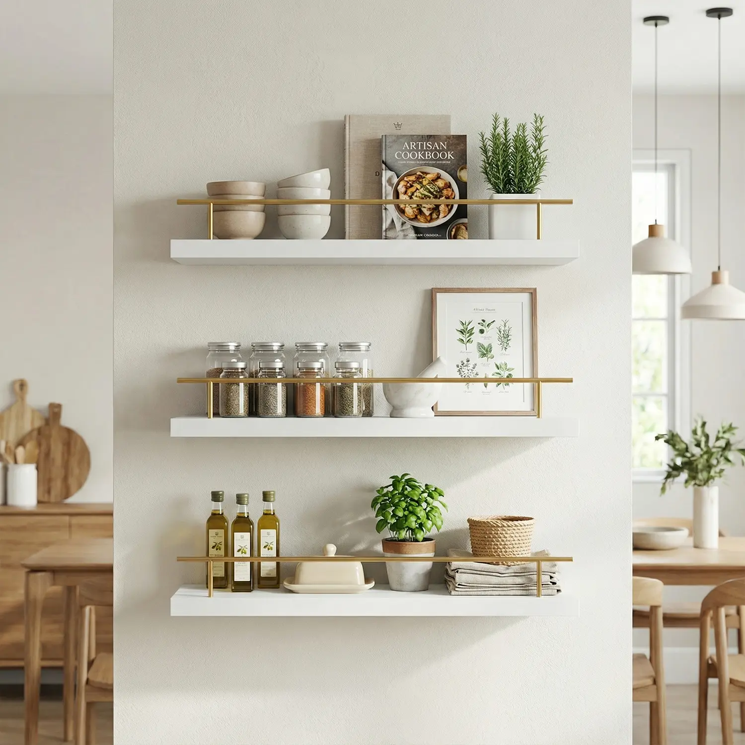 Spaco 15.7in Durable White Maple Wooden Wall Shelf - Gold Railing, Invisible Brackets, Vanity Shelf for Home Decor Items, Decoration, Apartment Accessories (Bathroom, Bedroom Blank Wall Solutions)