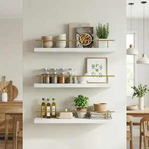 Spaco 15.7" Durable White Maple Wooden Wall Shelf - Floating, Modern Decorative Home Storage with Gold Railing, Invisible Brackets for Bathroom, Bedroom