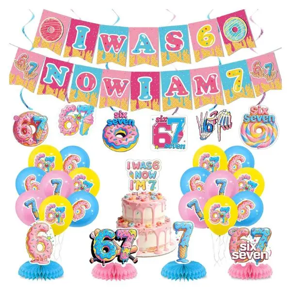 6th 7th Birthday Party Decorations Set – Meme Donut Theme, “I Was 6 Now I’m 7” Banner, Cake Topper, Swirls & Honeycomb Party Supplies Blue Pink Decor