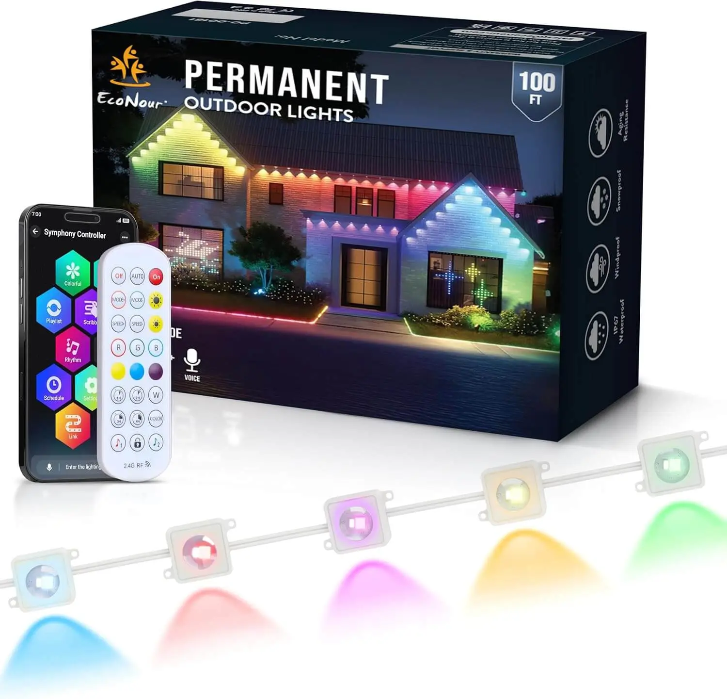 EcoNour 100 FT Corded Smart RGB LED Eaves Strips, Durable Permanent Outdoor Waterproof Lights, WiFi & Alexa Compatible with Voice, App & Remote Controls, Music Sync, Festive Effects, App, Remote, Voice, Voice Control
