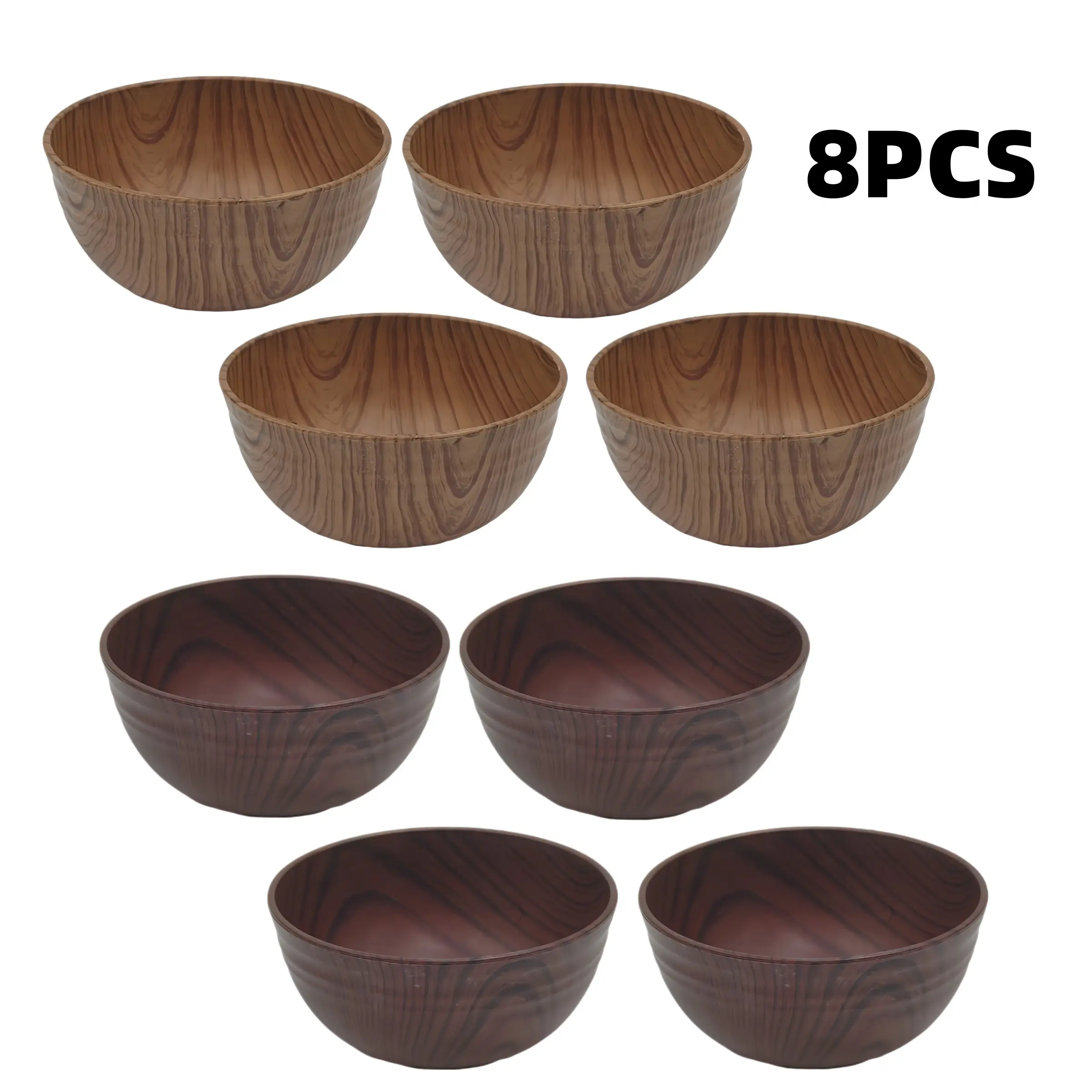 8-Piece Wood Grain Plastic Bowls Set, Thick Insulated Soup Noodle Rice Bowls, Kitchen Dining Salad Bowls, Easy Storage Carry, Camping Outdoor Use, Dinner Bowls