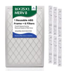 Airtime Filters Reusable 16x20x1 Merv 8 Air Filter with 6 Pleated Filters, ABS Plastic Frame for Cost-Effective Indoor Air Filtration