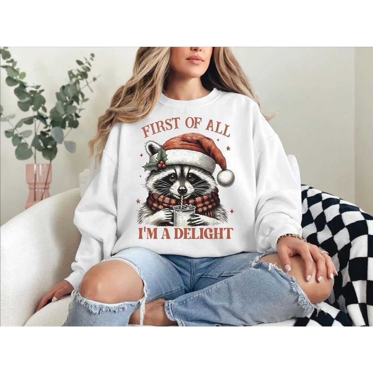 I'm A Delight Christmas Raccoon Sweatshirt, Funny Christmas Lights Raccoon Sweater, Cute Trash Panda Xmas Sweatshirt, Sarcastic Holiday Animal Crewneck, Funny Animal Xmas Lights Sweatshirt, Cozy Winter Clothing, Funny Christmas Gift For Women & Men