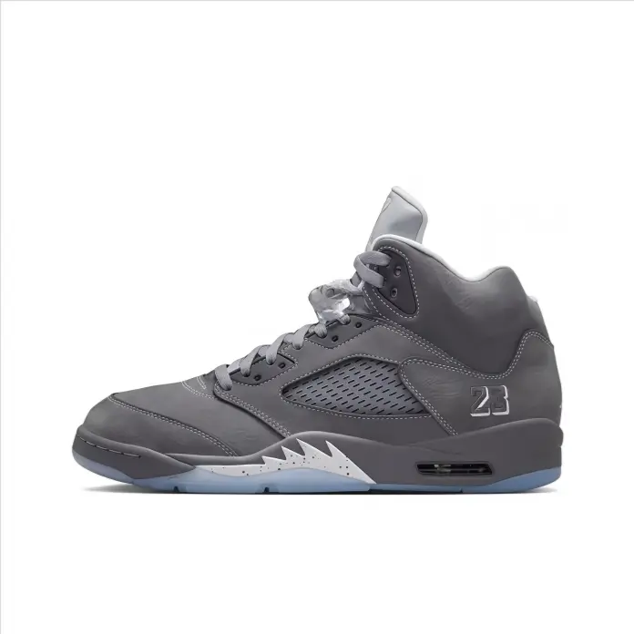High top basketball sneakers wolf grey leather upper white shark tooth icy blue outsole number print street premium cushioned air unit ankle support daily casual wear collectible unisex fashion sport footwear