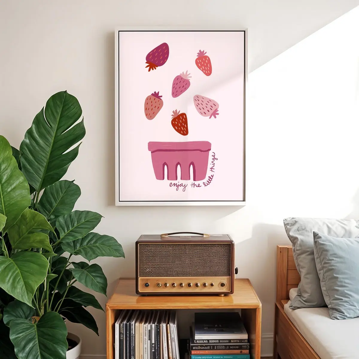Strawberry Theme Decor, Kitchen Wall Art, Strawberries Art Print, Enjoy the Little Things Quote, College Apartment Decor, Room Decor, Unframed 5 Size, 8x12 to 27x40 inch